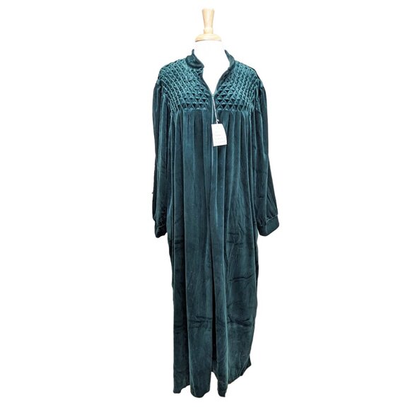 VTG Styled By Saybury Hand-Smocked Velour Half-Zip Housecoat in Forest Green - Picture 1 of 6
